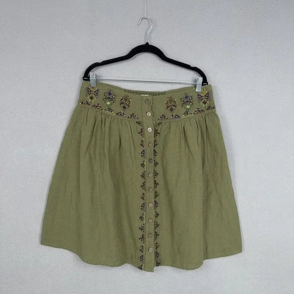 Maeve Skirt Womens 14 Green Embroidered Button A-Line Linen Blend Boho Fairy - Picture 2 of 15